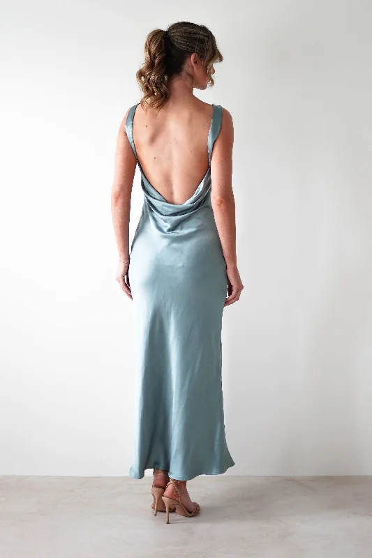 Sinead Soft Satin Maxi Dress | Slate Blue Elegant Silk Maxi Dress