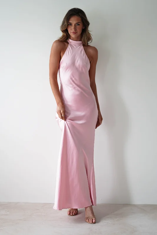 Natalia Soft Satin Maxi Dress | Pink Trendy Maxi Dress with Belt