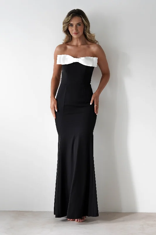 Beckett Strapless Bow Maxi Dress | Black/White Stylish Off-Shoulder Maxi Dress