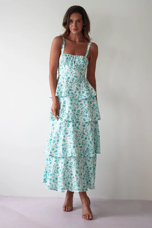 Emily Floral Ruffle Maxi Dress | Green/White Fashionable Open-Back Maxi Dress