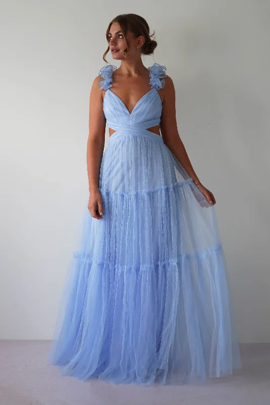 Galiena Ruffle Tulle Maxi Dress | Blue Cozy Wrap Maxi Dress