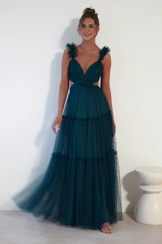 Galiena Ruffle Tulle Maxi Dress | Teal Stylish A-Line Maxi Dress