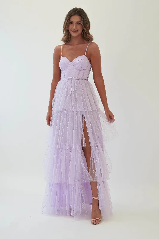 Geeniva Tulle Maxi Dress | Lavendar Elegant Maxi Dress with Ruffles