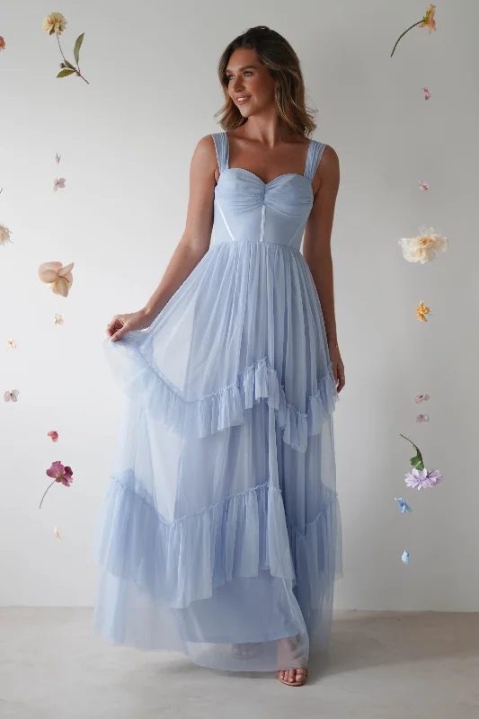 Palama Shimmer Tulle Maxi Dress | Blue Fashionable Sleeveless Maxi Dress