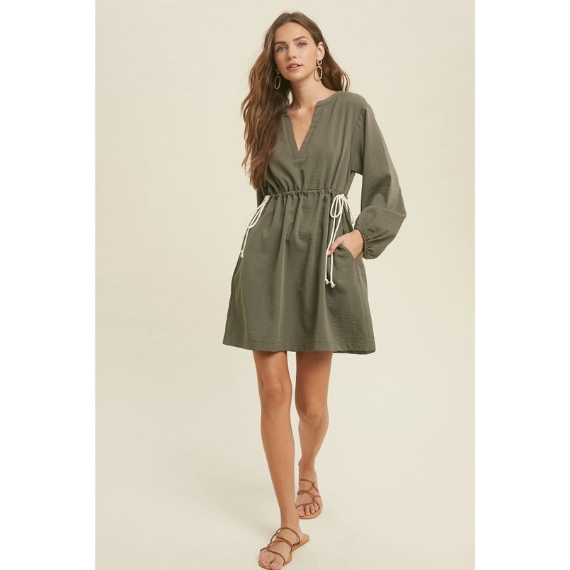 Women's L/S Casual Drawstring Waisted Mini Dress in Olive Green Fashionable A-Line Mini Dress