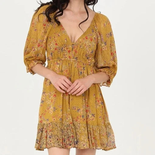 Women's Floral Half Poet Sleeve Mini Dress in Honey Casual High-Waist Mini Dress