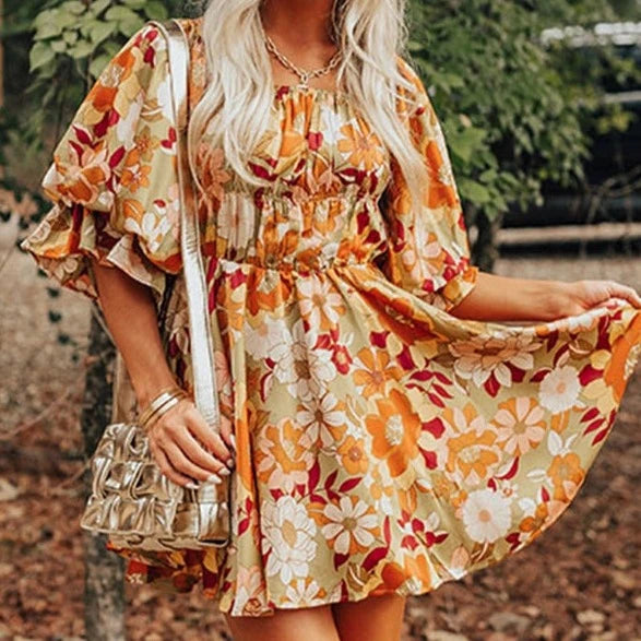 Women's Floral Ruffled Puff Sleeve Mini Dress in Green Chic Bohemian Mini Dress