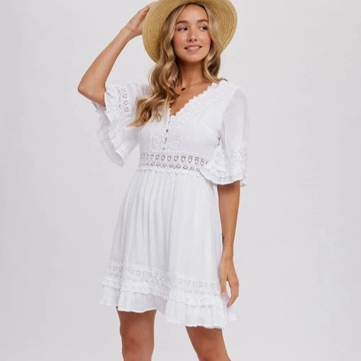 Women's Lace V-Neck Open Tie Back Mini Dress in Ivory Comfortable Fit-and-Flare Mini Dress