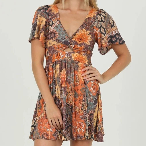 Women's Ruffle Sleeve Floral Twist Front Mini Dress in Sunset Trendy Tie-Dye Mini Dress