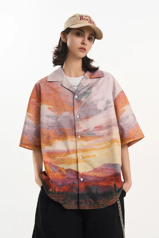 Sunset Oil Painting Landscape Print Short-Seeved Shirt