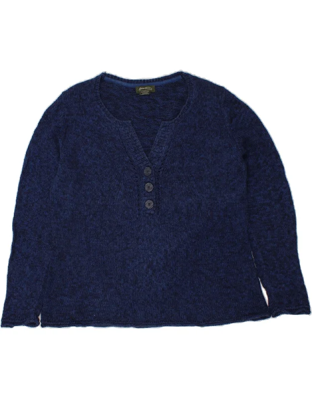 EDDIE BAUER Womens V-Neck Jumper Sweater UK 18 XL Navy Blue Flecked Ramie