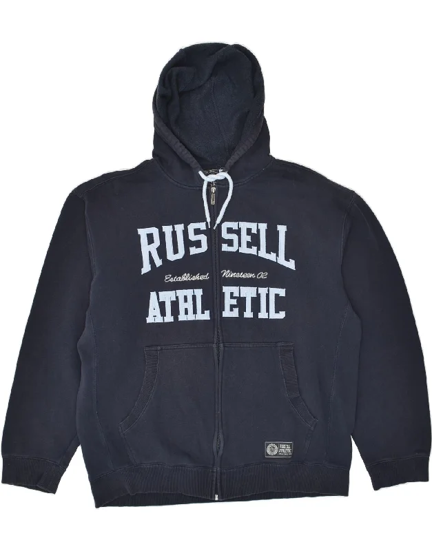 RUSSELL ATHLETIC Mens Graphic Zip Hoodie Sweater 2XL Navy Blue Cotton