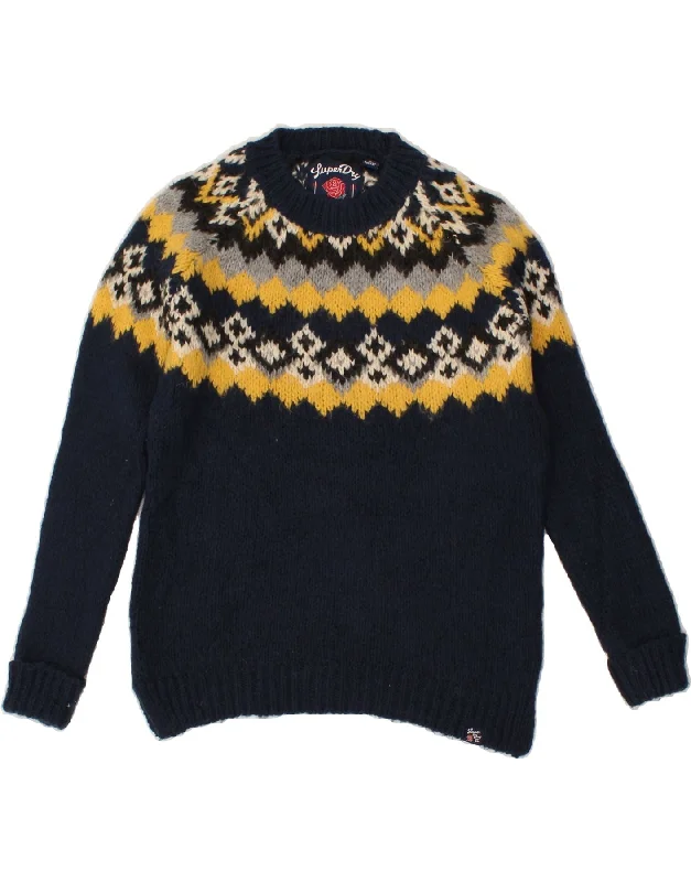 SUPERDRY Womens Crew Neck Jumper Sweater UK 10 Small Navy Blue Fair Isle